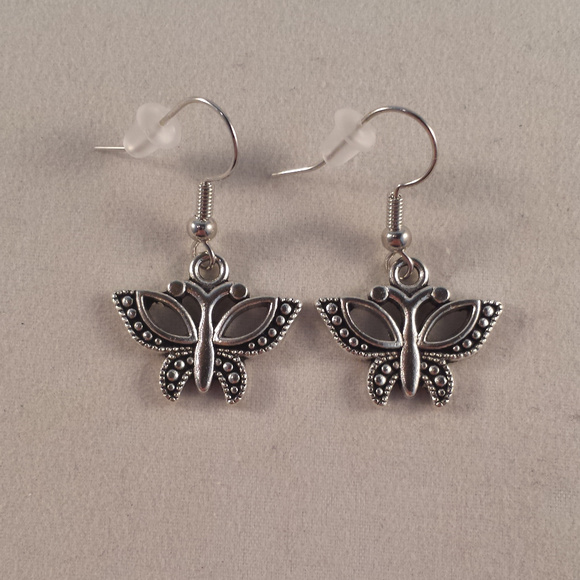 Silver Butterfly Dangle Earrings Hypoallergenic Hk - Picture 2 of 2